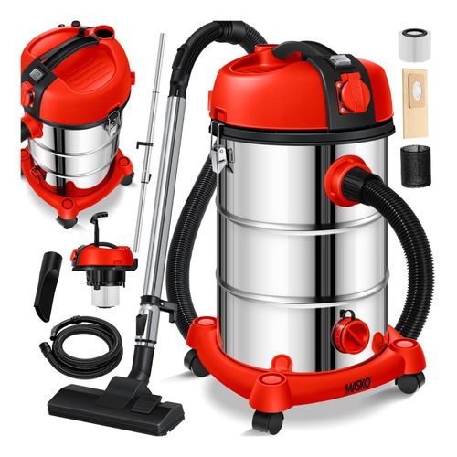 MASKO® Industriestaubsauger, Nass Trockensauger HEPA, 3 in 1 Filtersystem, 58 l/s Werkstattsauger mit Steckdose, 2300W, 30L, Industriesauger mit & ohne Beutel, Filter + Aufsätze, Push&Clean