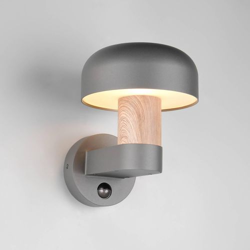 Außenwandleuchte Fraser Sensor, grau/Holzoptik, Alu IP54 E27