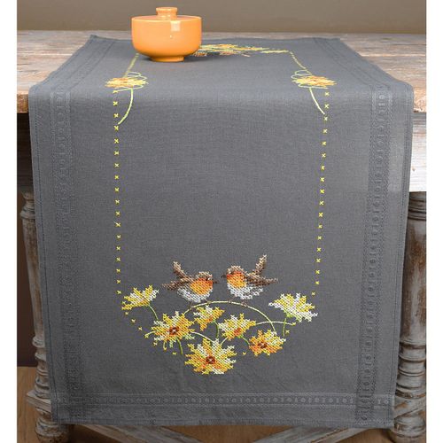 Stickläufer "Rotkehlchen & gelbe Blumen"