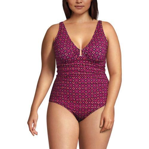 Badeanzug mit Ringdetail und V-Ausschnitt, Damen,  Lila, Nylon-Mischung, by Lands' End