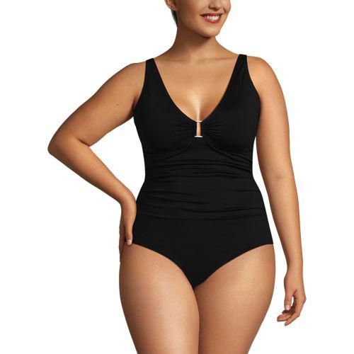 Badeanzug mit Ringdetail und V-Ausschnitt, Damen,  Schwarz, Nylon-Mischung, by Lands' End