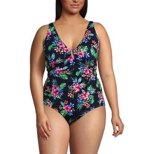 Badeanzug mit Ringdetail und V-Ausschnitt, Damen,  Blau, Nylon-Mischung, by Lands' End