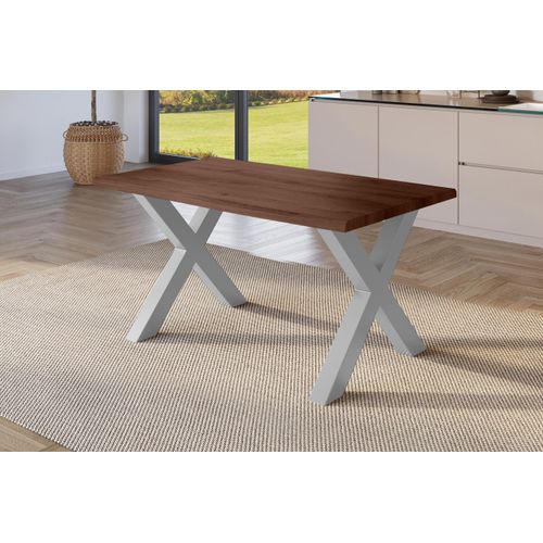 Esstisch 160x85 cm Baumkante Holz Nussbaum-Optik X-Gestell Metall silber JULIUS