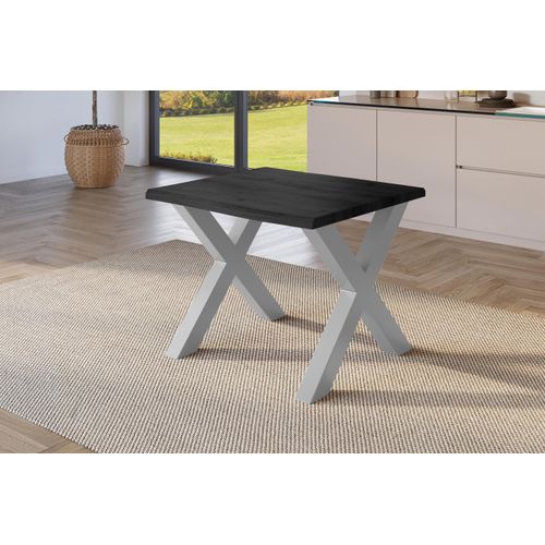 Esstisch Baumkante Holz-Optik Grau 80 x 80 X-Gestell silber JULIUS