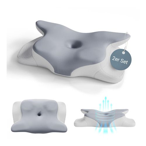 Juskys Nackenkissen 2er Set - Ergonomisch & Memory-Foam, Anpassungsfähig, Atmungsaktiv - weiß / grau