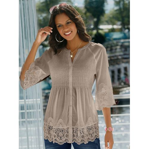 Spitzenbluse ALESSA W., Damen, Gr. 46, beige (sesam), 100% Baumwolle, Spitze:100% Baumwolle, unifarben, Rundhals, 3/4-Ärmel, Blusen