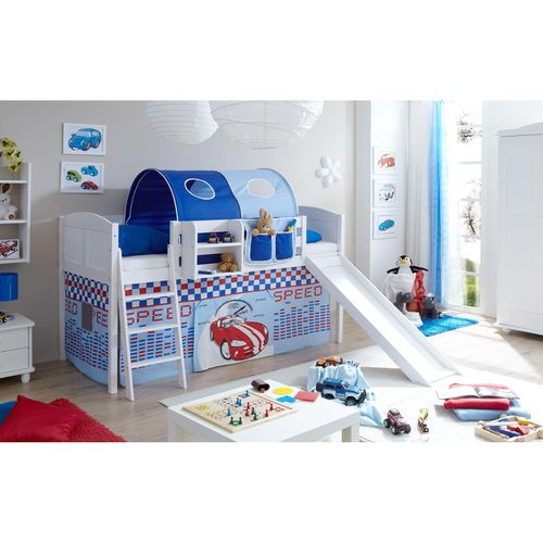 TiCAA Hochbett mit Rutsche Rutschbett "Ekki" Country Kiefer Weiß Motiv