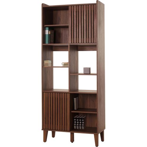 Bücherregal HWC-M48, Bücherschrank Hochschrank, Schiebetür 8 Staufächer MDF 178x75x35cm Walnuss-Optik