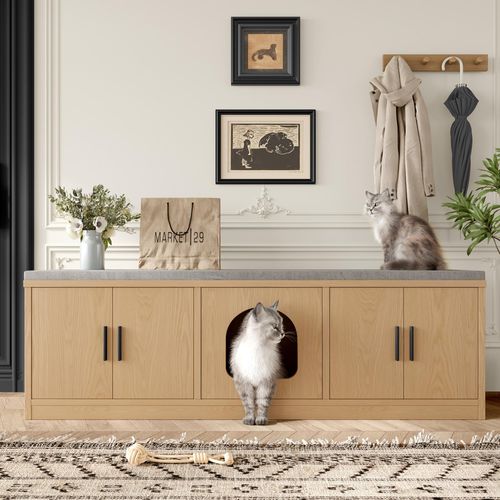 Versteckter Katzenschrank 140 x 40 x 45,5 cm - Integrierter Kratzbaum und Belüftung, Tiermöbel für Flur und Eingangsbereich, Multifunktionales Katzenmöbel, Tierhaus, Katzentoilettenschrank,Tiertoilett