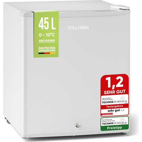 Stillstern Mini Kühlschrank E 45L mit Abtauautomatik, Schloss, Frostfach, Leise, Ideal für Küche, Büro, Schlafzimmer, Hotels und kleine Wohnungen Kühlschrank klein Minibar Getränkekühlschrank