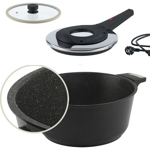 REMOSKA T42/41 Tria Lite Granite, Bräter mit 610 W Elektrischer Glasdeckel und Kochtopf 28 cm 4,5 l, Backen, Kochen, Aluminium, Antihaft-Granit