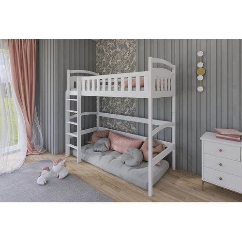 Hochbett 80x180 90x200 mit Matratze, Lattenrost und Rausfallschutz, aus Vollholz massiv in weiss, Funktionsbett Kinderbett Jugendbett 200x90