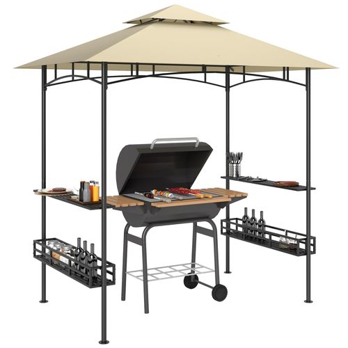 Outsunny Grillpavillon 240 x 150 x 257 cm wasserdicht flammhemmend Gartenpavillon mit Doppeldach, Seitenregalen, Gartenlauben mit UV-Schutz