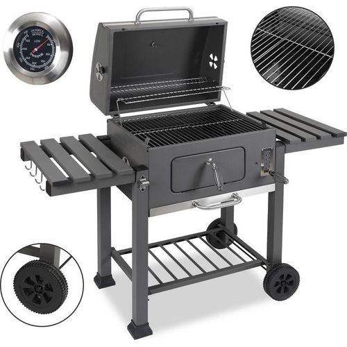 Clanmacy Holzkohlegrill Grillwagen Gartengrill Holzkohlegrill mit 2 Rädern 139x67x107.5cm Grau