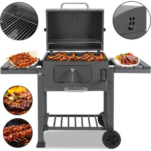 TolleTour Holzkohlegrill Grillwagen Gartengrill Holzkohlegrill mit 2 Rädern 139x67x107.5cm Grau