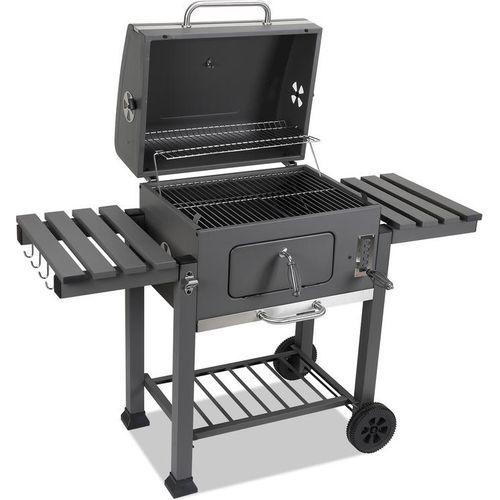 Hengda Holzkohlegrill Grillwagen Gartengrill Holzkohlegrill mit 2 Rädern 139x67x107.5cm Grau