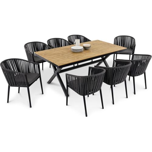 Gartenmöbelset ISOLA mit 8 Stühlen, Schwarz/Narur – wetterfeste Essgruppe, Gartentisch 180 x 100 cm mit WPC Tischplatte und stapelbare Gartenstühle inkl. Kissen für Terrasse & Balkon