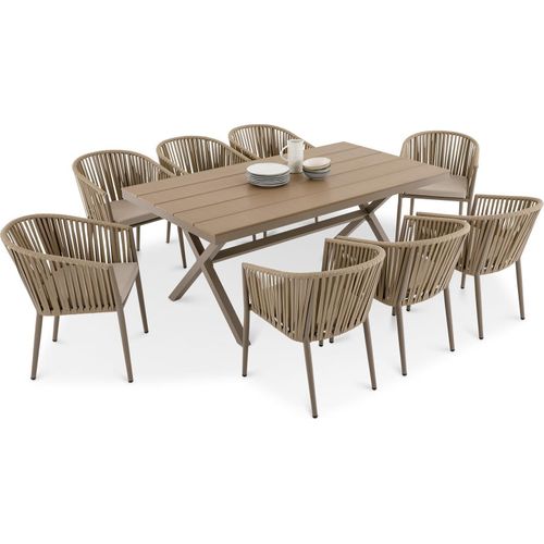 Gartenmöbelset ISOLA mit 8 Stühlen, Champagner – wetterfeste Essgruppe, Gartentisch 180 x 100 cm mit WPC Tischplatte und stapelbare Gartenstühle inkl. Kissen für Terrasse & Balkon