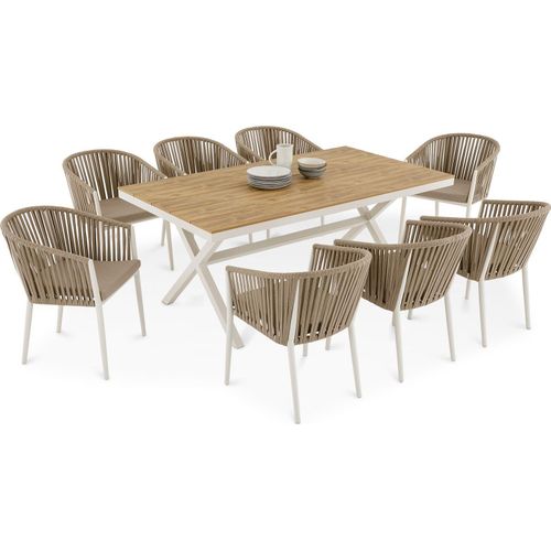 Gartenmöbelset ISOLA mit 8 Stühlen, Weiß/Beige – wetterfeste Essgruppe, Gartentisch 180 x 100 cm mit WPC Tischplatte und stapelbare Gartenstühle inkl. Kissen für Terrasse & Balkon