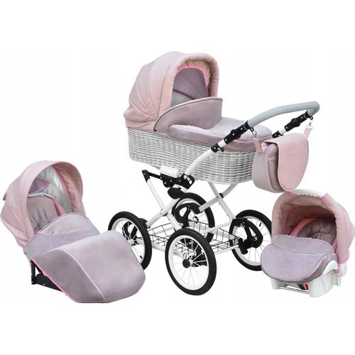 Luxus Kinderwagen 3in1 Retro Natur Weide mit Auto-Babyschale Light Pink