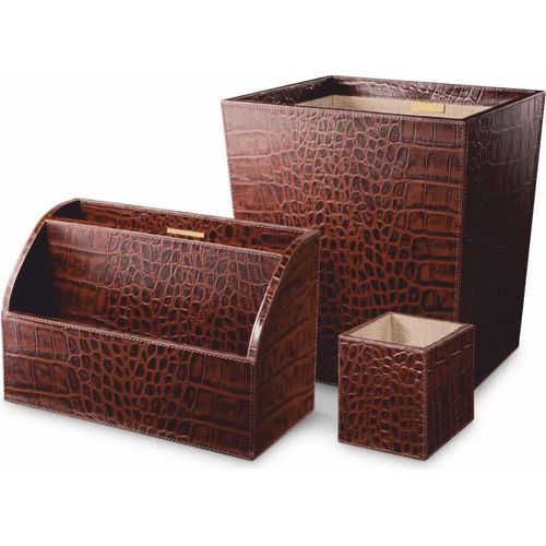 Casa Padrino Luxus Echtleder Schreibtisch Set Antik Braun - Schreibtisch Accessoires