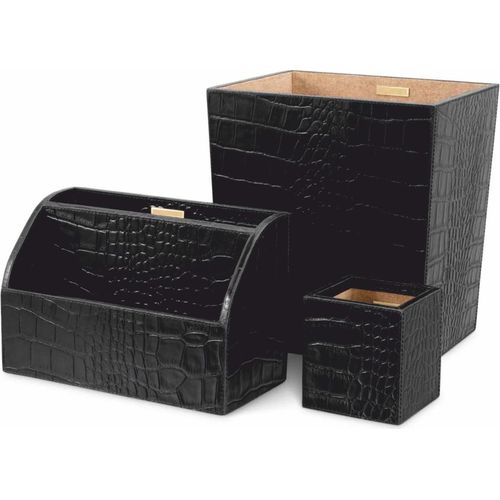 Casa Padrino Luxus Echtleder Schreibtisch Set Schwarz - Schreibtisch Accessoires