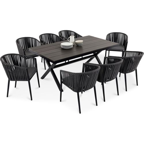 Gartenmöbelset ISOLA mit 8 Stühlen, Schwarz/Anthrazit – wetterfeste Essgruppe, Gartentisch 180 x 100 cm mit WPC Tischplatte und stapelbare Gartenstühle inkl. Kissen für Terrasse & Balkon