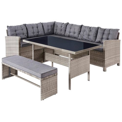 Gartenlounge-Set MY FLAIR, grau (hellgrau, grau, grau), B:242cm H:73cm T:67cm, Polyrattan, Eisen, Glas, Sitzmöbel-Sets