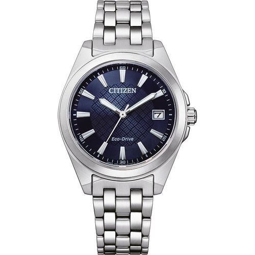 Solaruhr CITIZEN, silber (silberfarben, dunkelblau), Armbanduhren, Damen, Armbanduhr, Damenuhr, Edelstahlarmband, bis 10 bar wasserdicht, Datum