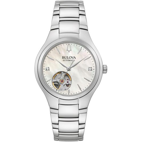Automatikuhr BULOVA, silber (silberfarben), Armbanduhren, Damen, Armbanduhr, Damenuhr, Edelstahlarmband, Perlmuttzifferblatt, Diamant