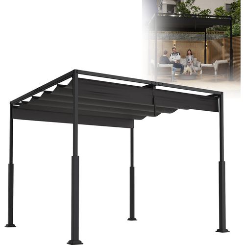 XMTECH Freistehende Pergola 3×3 m mit Schiebedach, Terrassenüberdachung aus pulverbeschichtetem Stahl, UV- und wasserdicht, Schwarz, wetterfester Gartenpavillon mit flexiblem Sonnenschutz