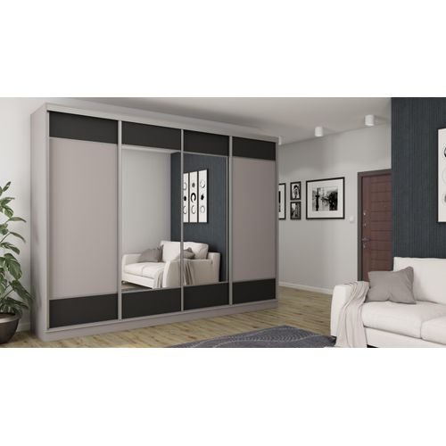 Schwebetürenschrank 4D/320 Grau/Schwarz mit 2 Spiegeln und Premium-Beschlägen