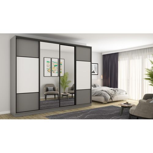 Großer Schiebetürenschrank 4D/300 in Grau/Weiß mit 2 Spiegeln und Premium-Beschlägen