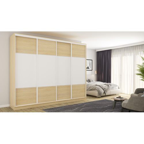 Schiebetürenschrank 4D/300 in Weiß/Eiche Gaja LAMELE mit Premium-Beschlägen
