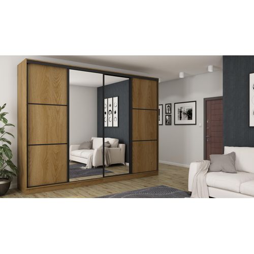 Garderobenschrank 4D/320 mit Spiegeln in Eiche Karamell, Schwarze Beschläge