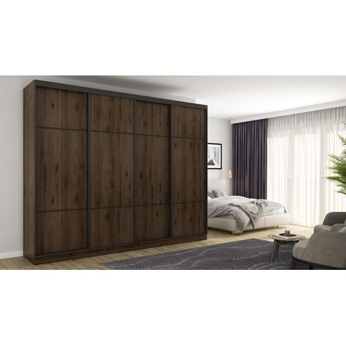Großer Schiebetürenschrank 4D/300 in Walnuss Okapi mit schwarzen Beschlägen