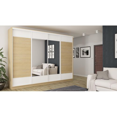 Schwebetürenschrank 4D/320 in Weiß/Eiche Gaja LAMELE mit 2 Spiegeln und Premium Ausstattung