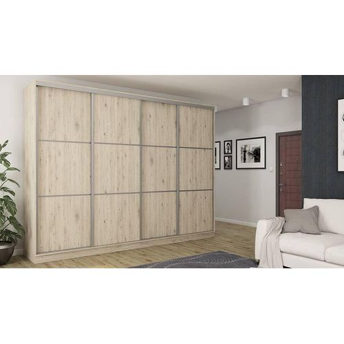 Schiebetürenschrank 4D/320 aus Laminat Eiche Bordeaux, 320x244x64 cm, mit 11 Regalen
