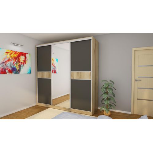 Schiebetür Kleiderschrank 3D/240 Db Grand/Schwarz Grafit, Spiegel – Premium Beschläge