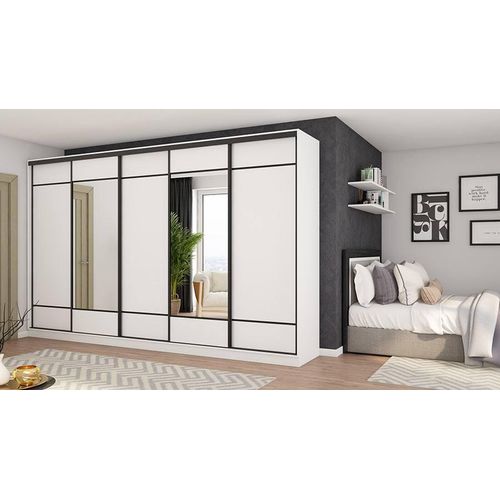 Schiebetürenschrank 5D/400 in Weiß mit 2 Spiegeln und schwarzen Beschlägen