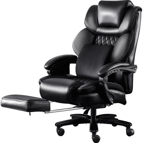 Bürostuhl 230 kg Belastbarkeit, schwerer Bürostuhl mit Kneifmassagefunktion, ergonomischer großer Bürostuhl, verstellbare Rückenlehne, mit Fußpedal und Taillenkisse, Drehstühl, Leder, schwarz