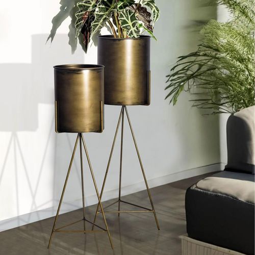 Blumentopf FineBuy Pflanzenkübel 2er Set Metall Gold Rund Pflanzgefäß Hoch Eisen