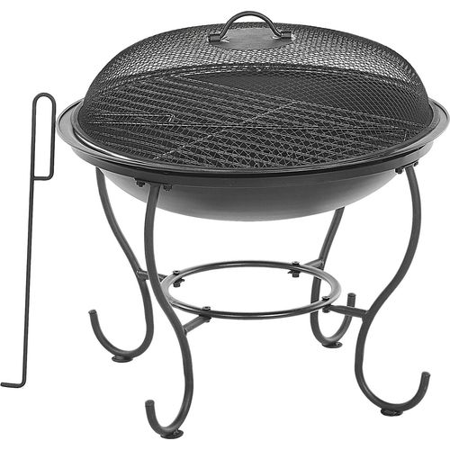 BELIANI Feuerstelle Schwarz Stahl runde Feuerschale mit Funkenschutzhaube Grillrost Schürhaken in rustikaler Optik Garten Outdoor Ausstattung