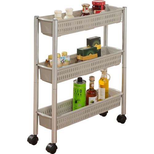 Rollwagen RUCO, alu, beige, grau, B:18cm H:62cm T:51,5cm, Aluminium, Rollwagen, für die Nische, mt drei geräumigen Körben, Aluminium/Kunststoff