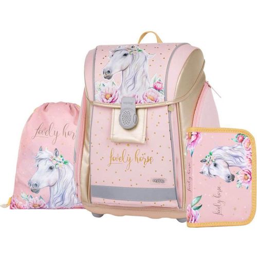Ergonomischer Schulranzen mit Magnetverschluss und Stiftehalter und Turnbeutel, Premium Light, Lovely horse