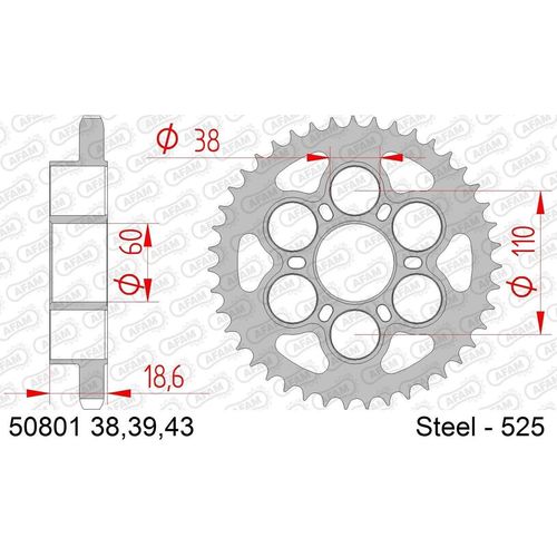 DC AFAM Stahl-Kettenrad 525 - 38Z (Silber) 50801-38| ID 60 LK 110 6-Loch