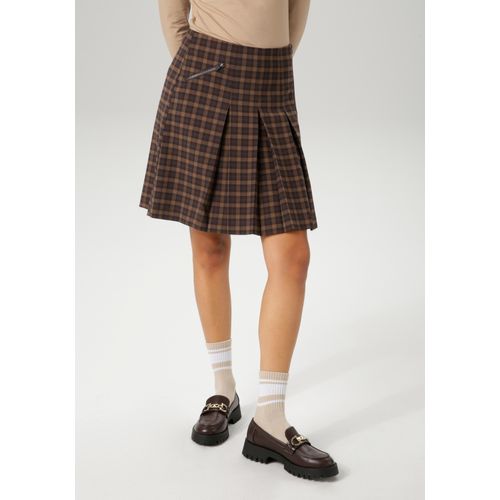 Faltenrock ANISTON CASUAL, Damen, Gr. 34, dunkelbraun, hellbraun, kariert, Web, Obermaterial: 63% Polyester, 34% Viskose, 3% Elasthan. Futter: 100% Polyester, kariert, feminin, A-Linie kniefrei, Röcke, mit Zierreißverschluss im Vorderteil
