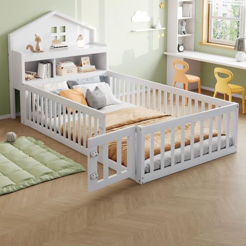 STILVORA Kinderbett 90x200 mit Stauraum,Jugenbett mit Schutzgitter und Tür,Bettstell mit Lattenrost und Bilderleiste,ohne matratze