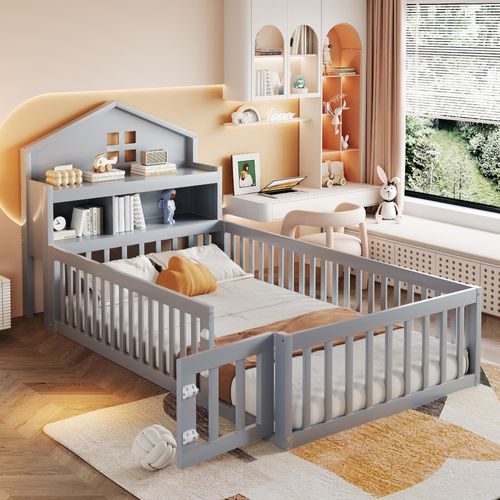 STILVORA Kinderbett 90x200 mit Stauraum,Jugenbett mit Schutzgitter und Tür,Bettstell mit Lattenrost und Bilderleiste,ohne matratze