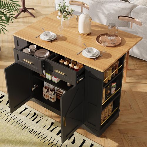 Moderne Kücheninsel, Küchenschrank, buffetschrank, Speisewagen mit Holzmaserung, buffetschrank, Multifunktionale Esstisch mit Speicherraum, Speisewagen mit Stretchfunktionsschränken, Schwarz